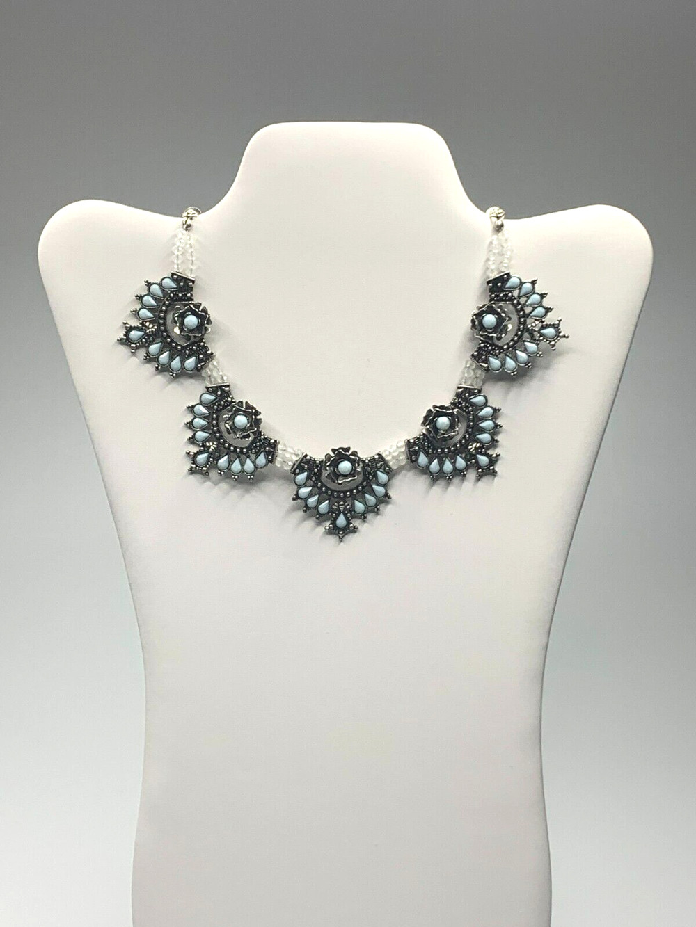 ViVi Love Silver Toned Bib Necklace Flower Accents Teardrop Stones